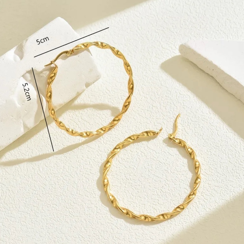 18K Gold Large Twisted Metal Swirl Classic 2”Hoop Earrings Full Circle No Fade - Picture 5 of 6